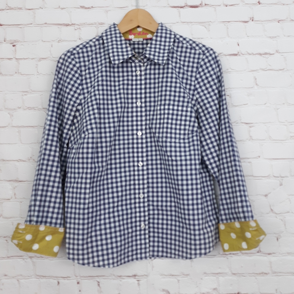 Boden Navy Gingham Shirt w/complimentary polka dot cuffs...COOL! 8P